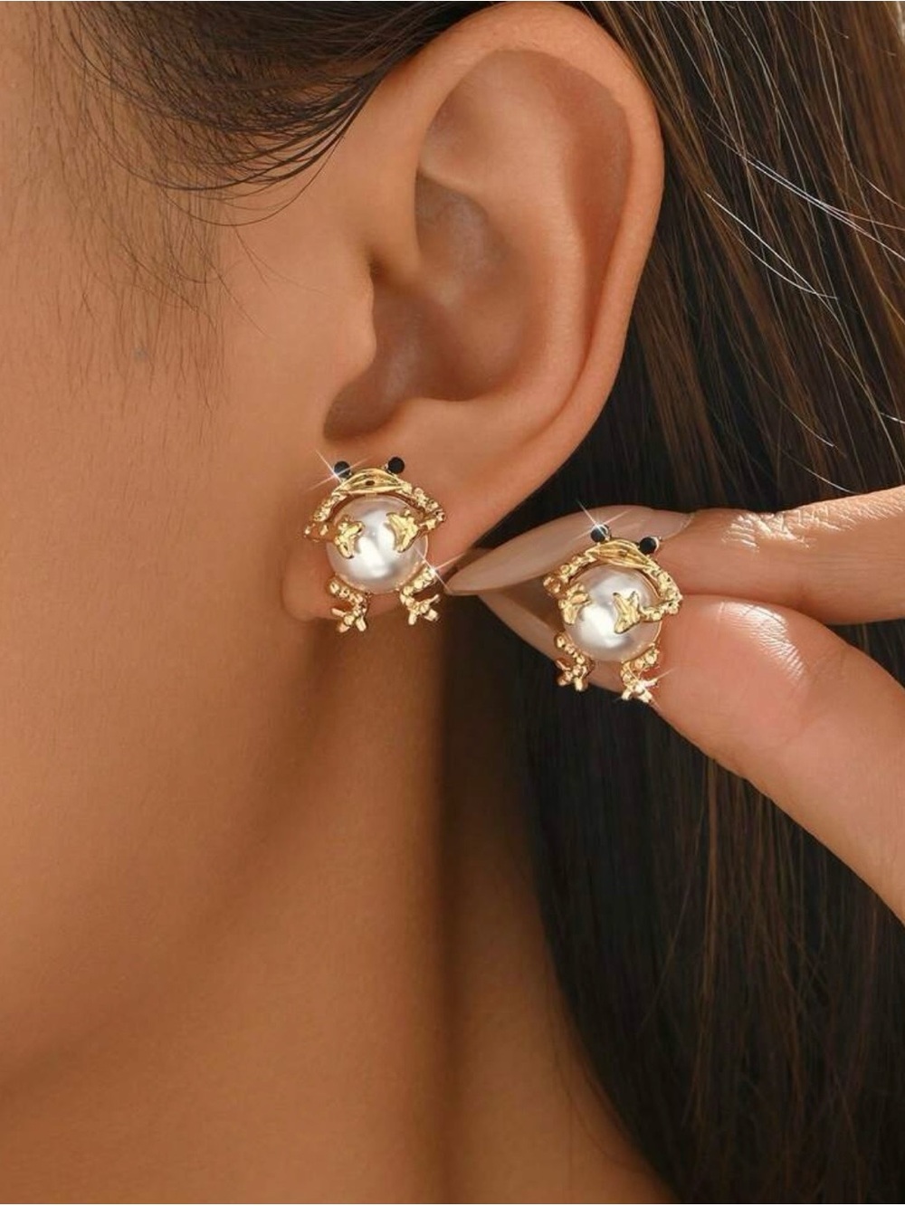 Gold Pearl Frog Stud Earrings - NWOT